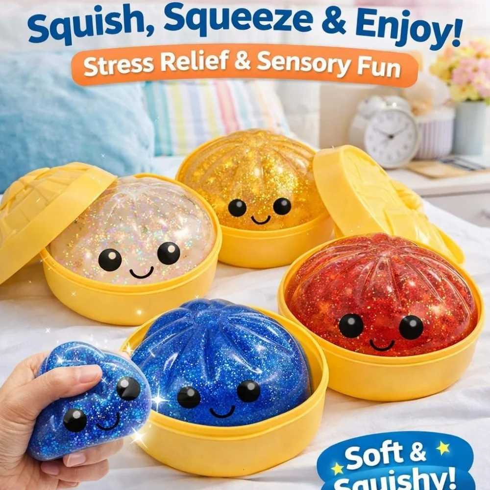Glitter Dumpling Squishies Upgrade Squishy Dumplings Stress Balls Soft Squeezy Dough Ball with Steamer Stress Relief Desk Toy Z260325