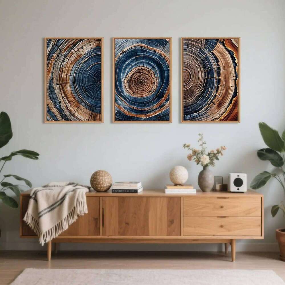 3pcs Colorful Tree Canvas Abstract Blue-brown Wood Grain Wall Decor Natural Ring Texture Art Home Decoration Print 26Y0325