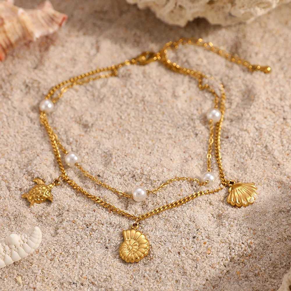 Stainless steel plated 18K gold ankle chain also known as animal double layered pearl chain stacked starfish shell jewelry gift H260325 - view 3