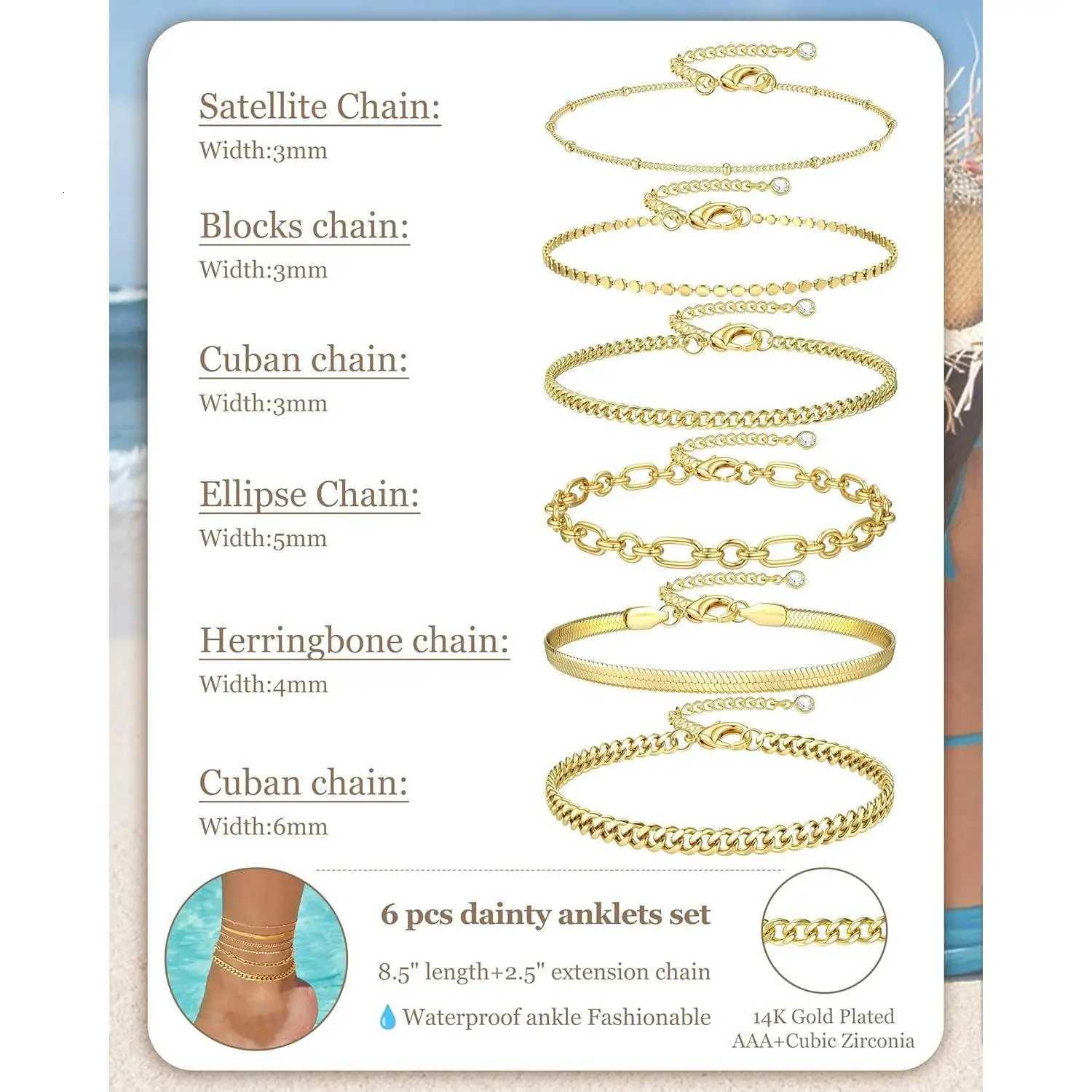 6PCS Ankle for Women 14K Gold-plated Anklets Stainless Steel Cuban Link Chain Anklet Set Layered Beach Jewelry Gift H260325 - view 4