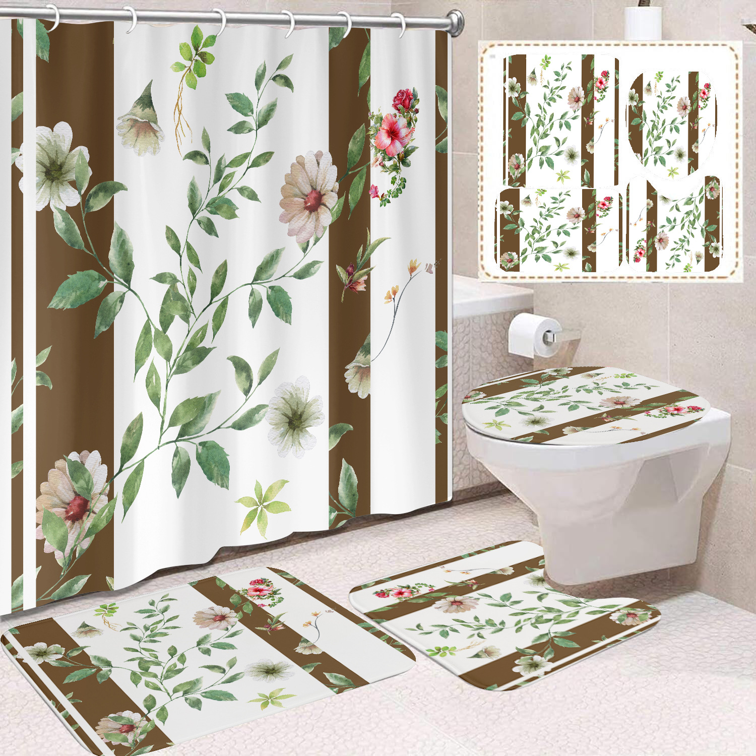 YL-38389 Floral Shower Curtain and Floor Mat Set (4 Pieces) - Bathroom Dry and Wet Separation, Toilet Isolation Curtain, Modern Minimalist Style