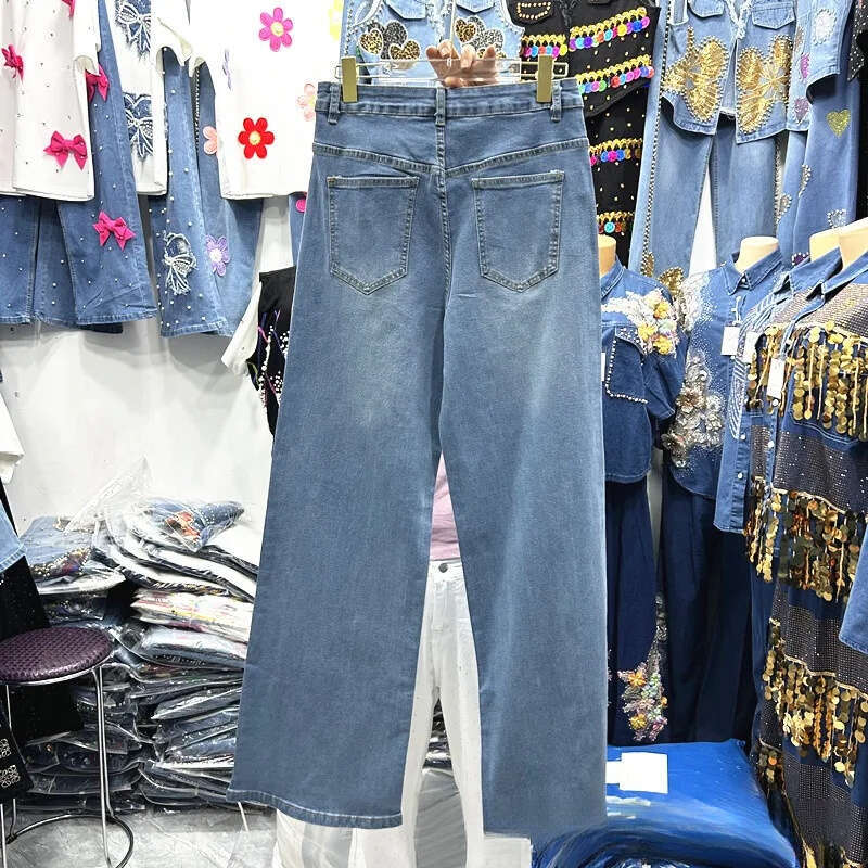 Europe Fashion Diamonds Hot Drilling Blue Jeans Women New Autumn All-match High Waist Wide Leg Pants Streetwear Denim Trousers jeans women womens jean