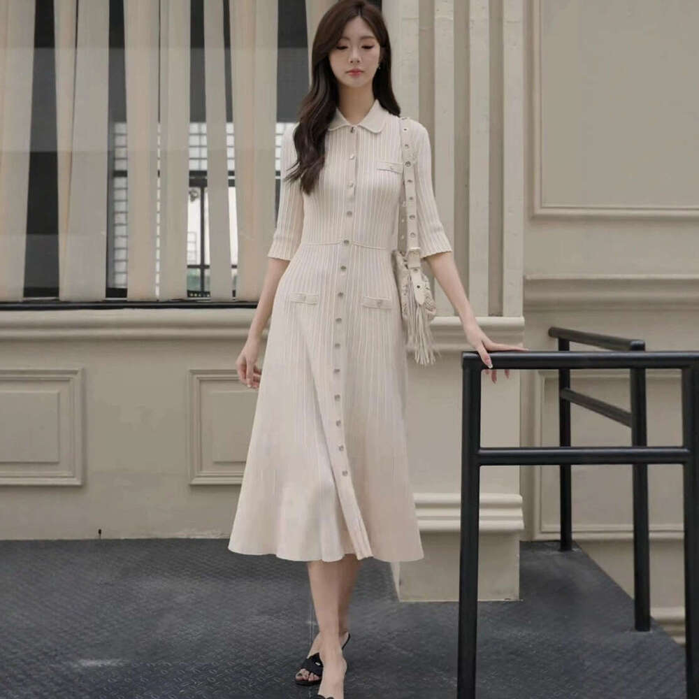 2026 Spring/Summer New Designer Elegant Fashion Striped Polo Collar Slim Knitted k30 Women's Dress