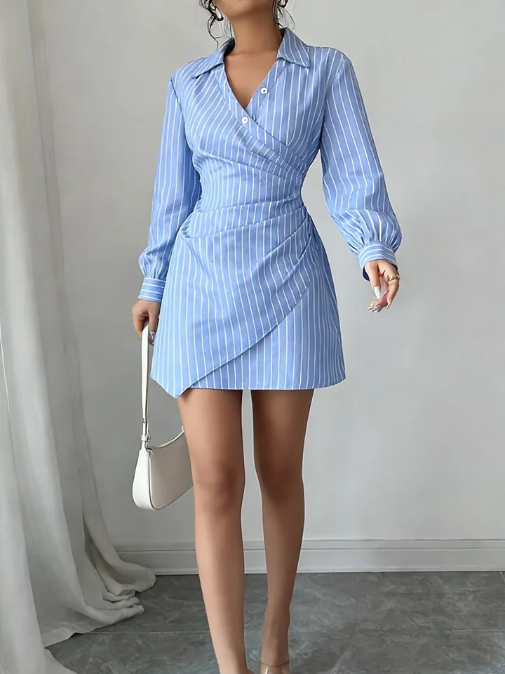 Women Dress Striped Wrap V Neck Ruched Shirt Mini Dress Chic Spring Summer Preppy Dress Office Work Date Tailored Outfit 260324
