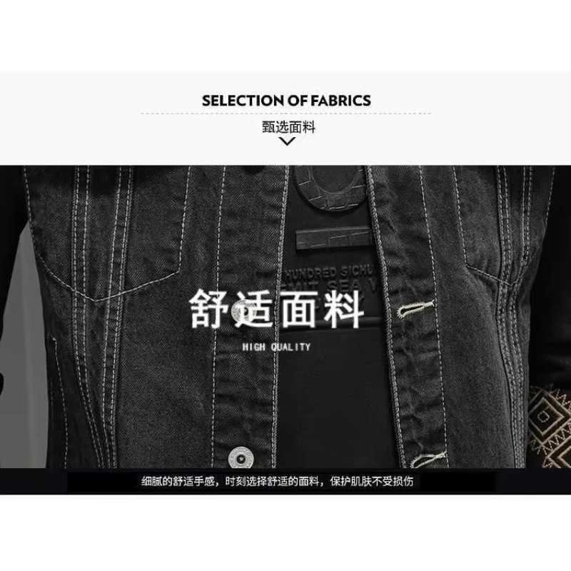 Mens Vintage Motorcycle Denim Jacket Spring Autumn Slim Loose Fit Embroidered Lapel Cotton Casual Black Blue Trendy Fashion C260325