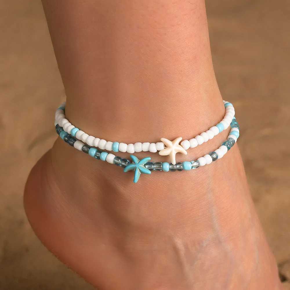 White Turquoise Beaded Chain Starfish Pendant Ankle Summer Charm Sandals Barefoot Beach Foot Bridal Jewelry H260325 - view 4