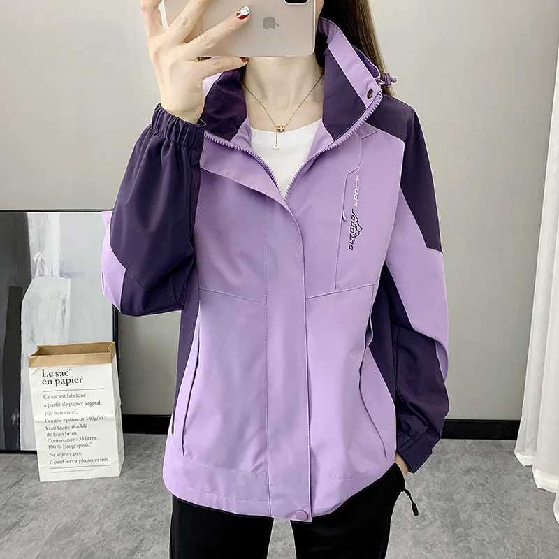 Outdoor Climbing Hiking Women Patchwork Sports Waterproof Hooded Coat Trekking Mountain Windbreaker s Raincoat M260325