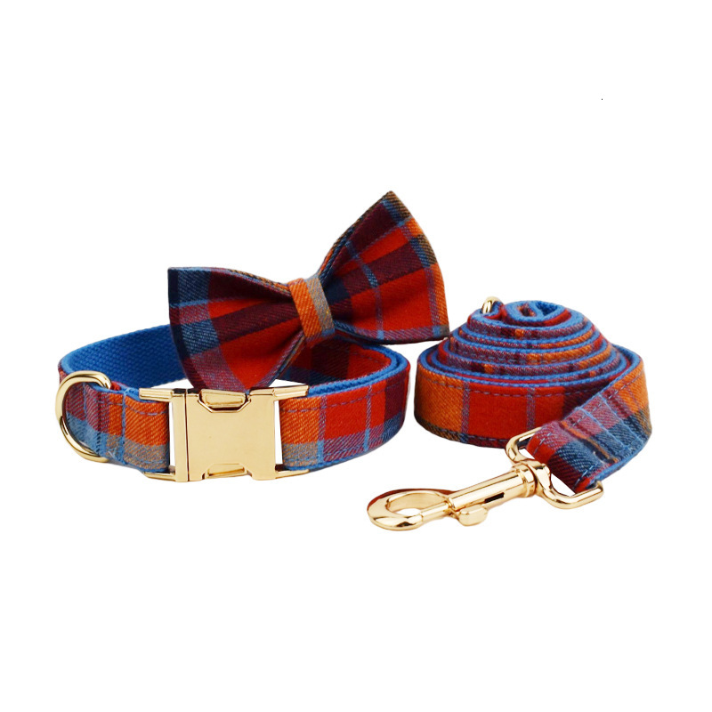 Pet Collar Leash Design Gentleman Style Bow Tie Engraved Metal Buckle Adjustable Comfortable For Dogs Blue Velvet Plaid