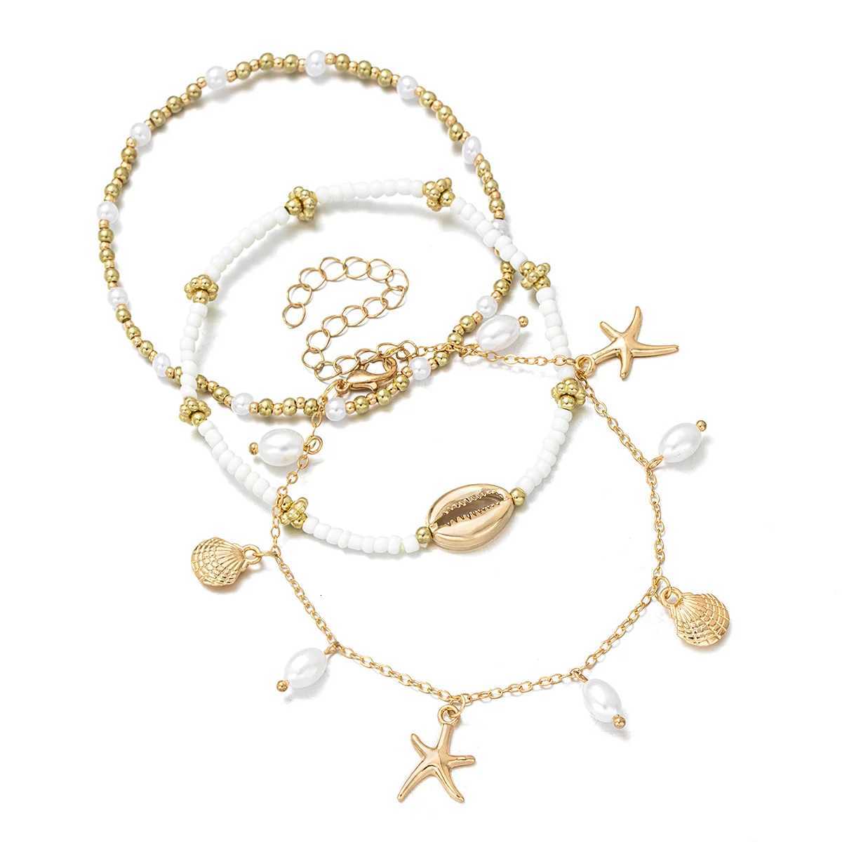 3 vacation beach style alloy shell scallop tassel ankle chains multi-layer layered summer bead womens ankle chains H260325 - view 3