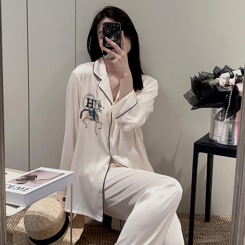 Pajamas Set Breathable Ice Silk Couple Style Luxurious Long Sleeve Long Pant Home Wear Two Piece Set Outdoor Wearable For Men And Women