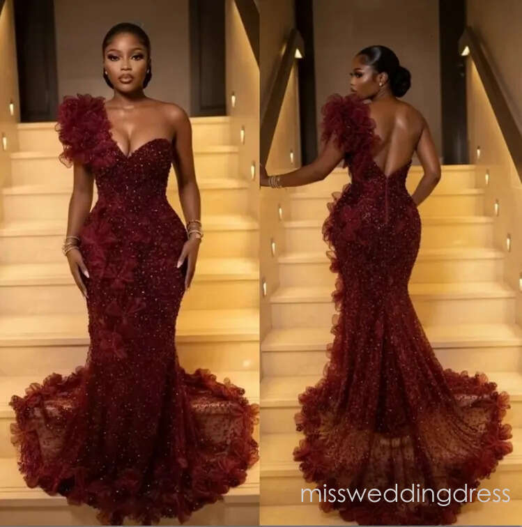Elegant Burgundy Prom Dresses For Black Girls 2026 Luxury One Shoulder Mermaid Sequins Beads Formal Evening Gala Dress Customized M01BC22049