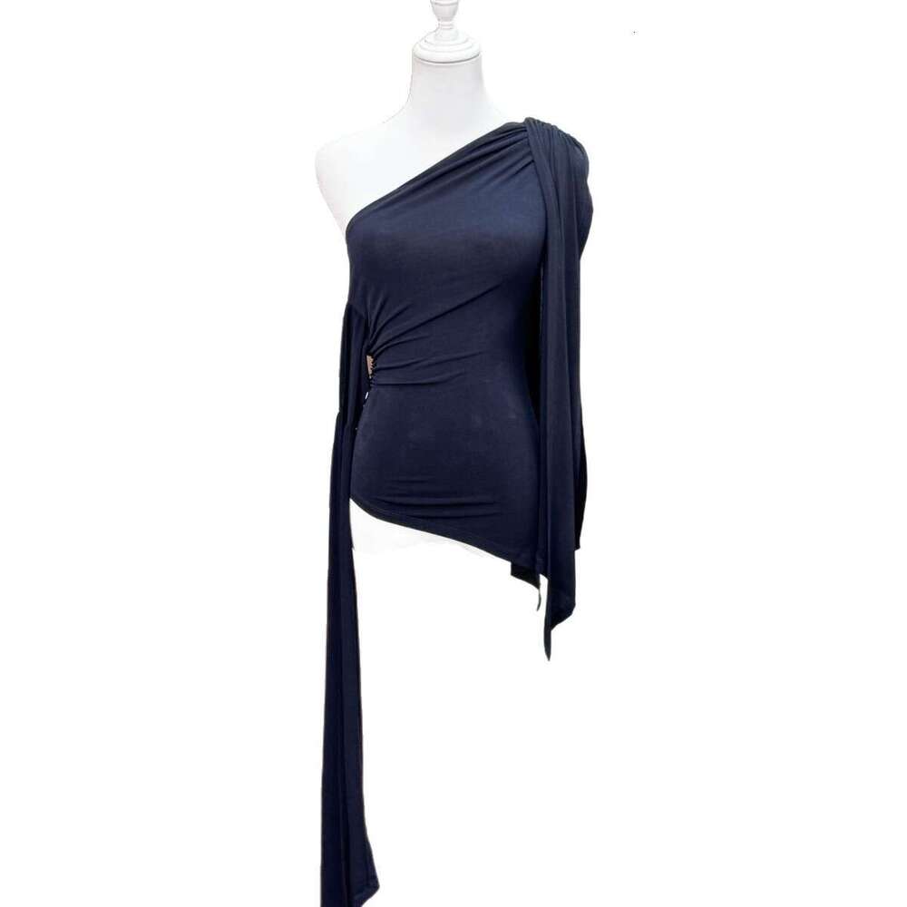 2026 Spring/Summer Designer French Asymmetric s4 Shoulder Design Knitted Ribbon Off Shoulder Sleeveless Women's Top