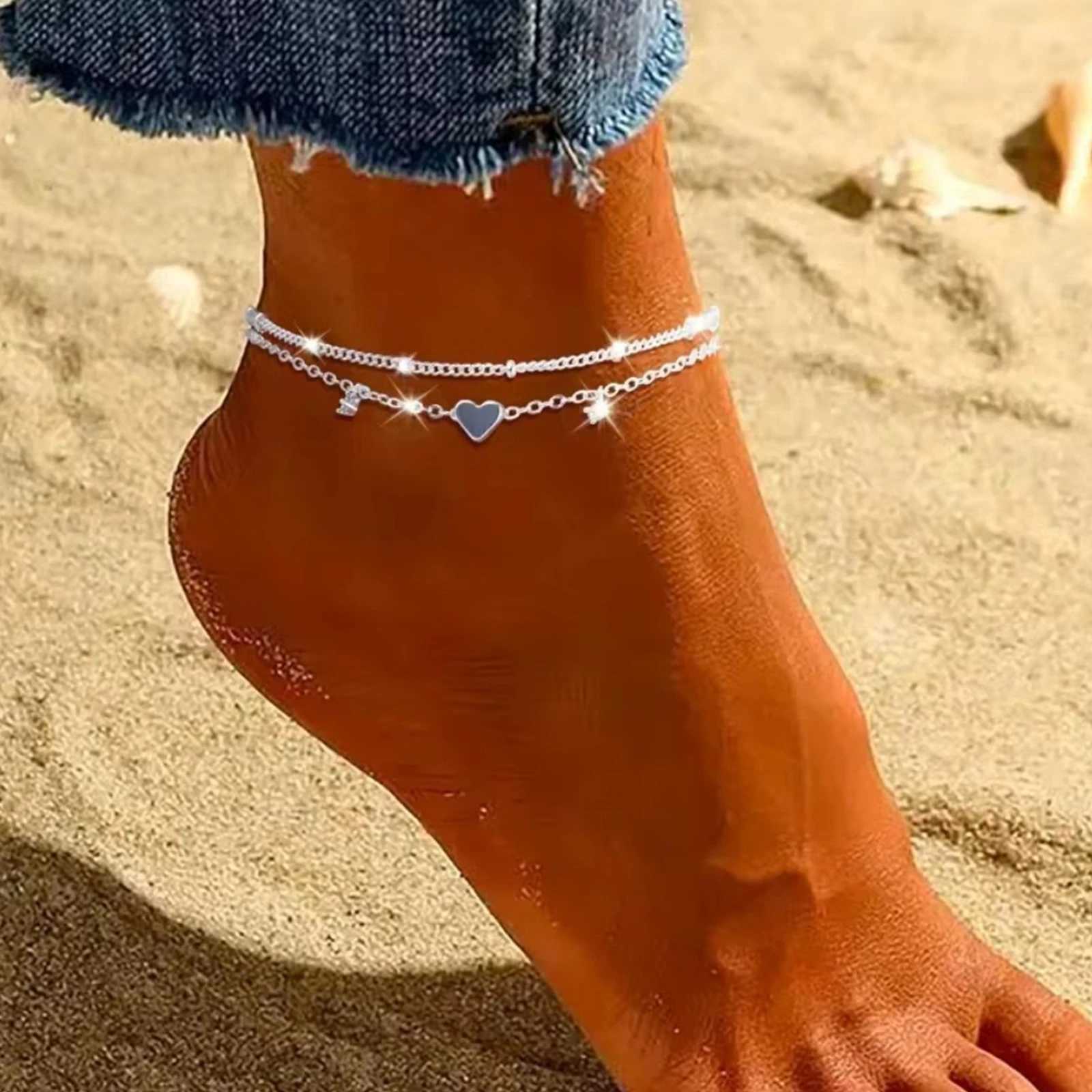 925 Sliver Plated CZ Anklet for Women Girl Trendy New Waterproof Heart Charm Dainty Layer Chain Anklets Jewelry Gifts H260325 - view 7