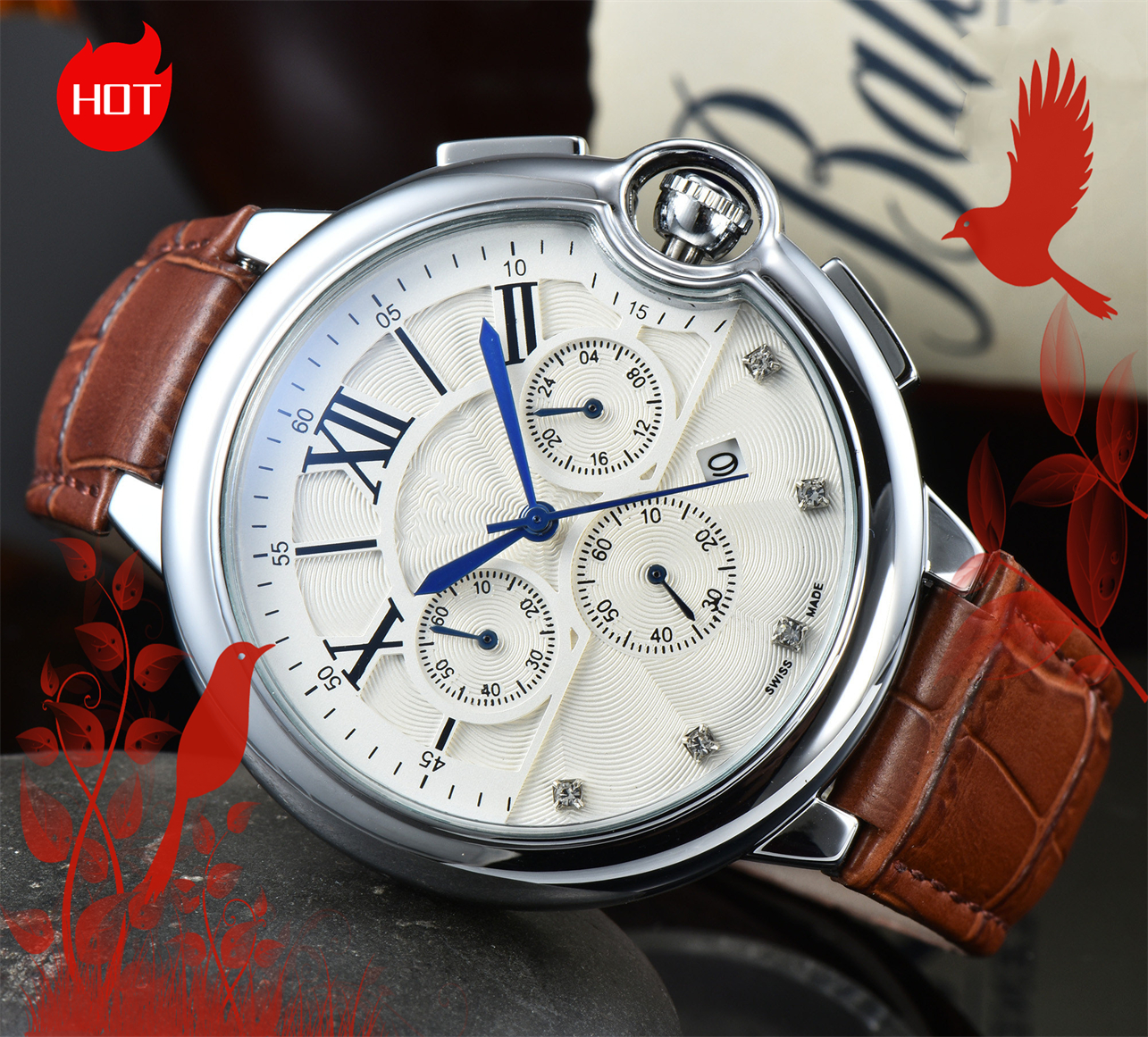 Top Men women Watch Quality CARTER BLUE BALLON Wristwatches Chronograph Quartz Movement watches Limited Dial mens Watch Rubber strap #216