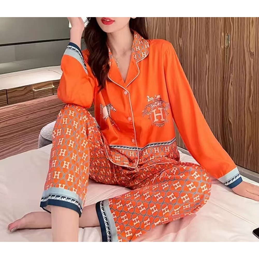 Women's Pajamas Summer New Ice Silk Simple Casual Top And Pants Homewear Orange Set