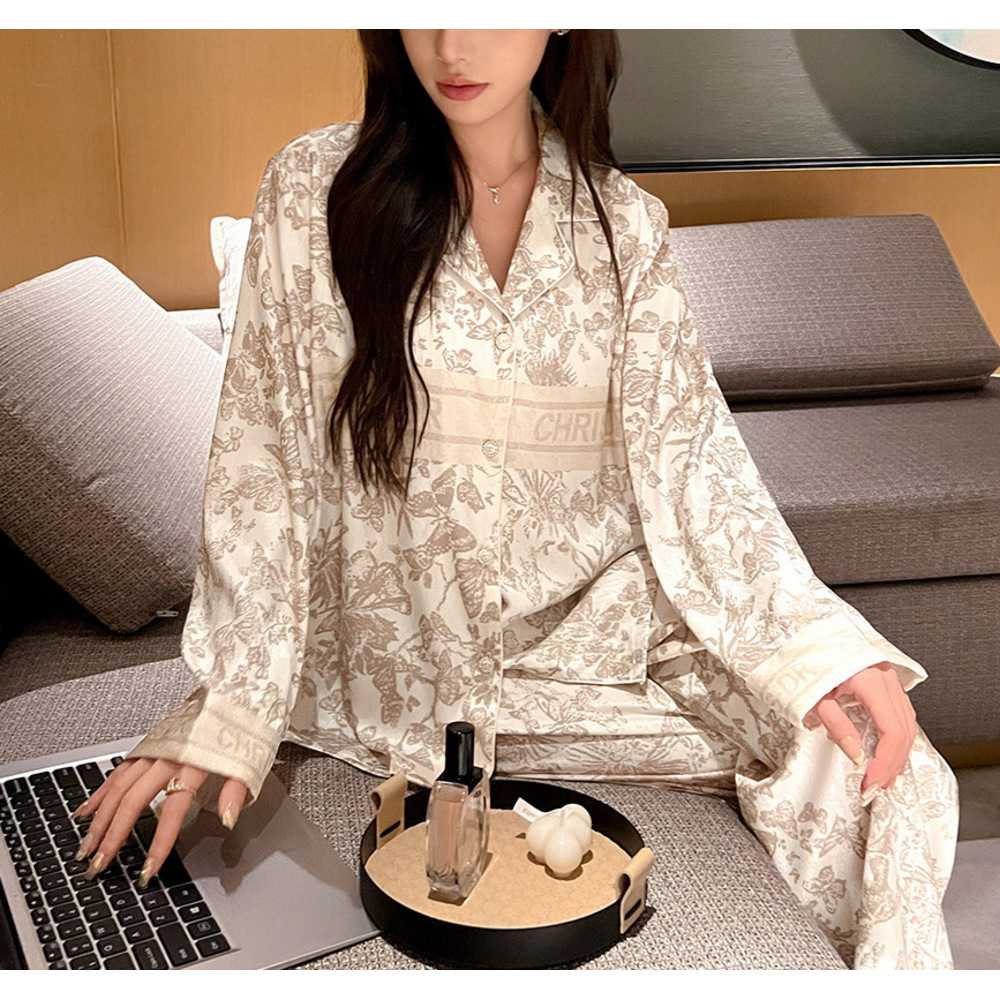 Couple Loungewear Women Pajamas Ice Silk Spring Autumn Luxury High End Long Sleeve Set Black White Gold Butterfly