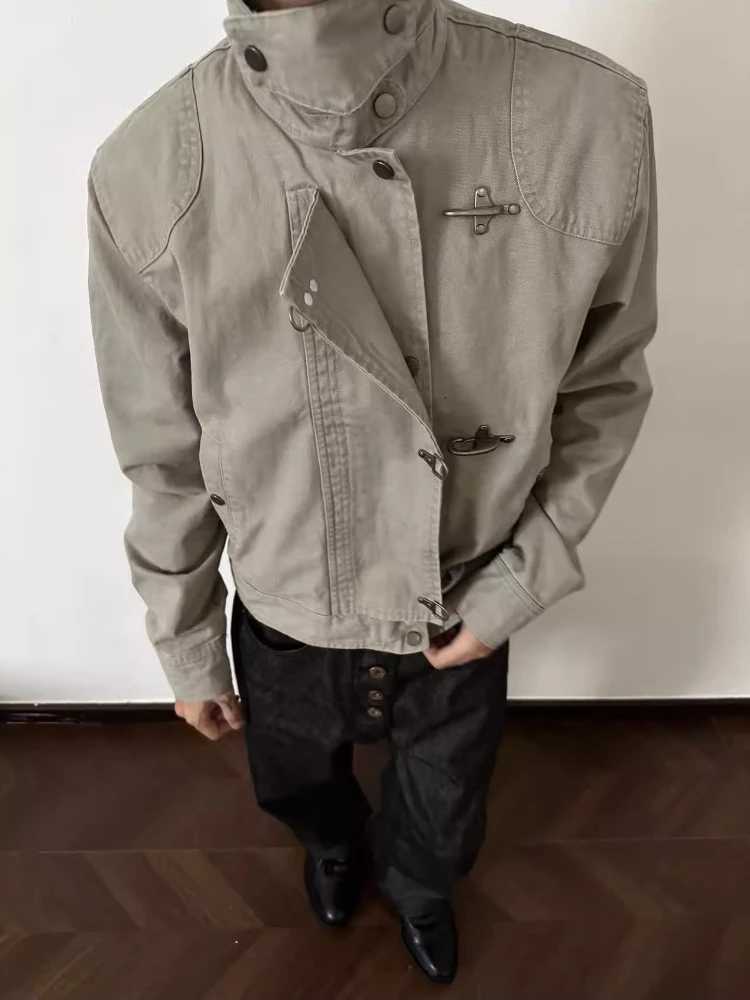 Vintage Airplane Buckle Stand Collar Coat Men Washed Jacket Cropped Oversized Cargo Outerwear Spring Fall Distressed Jacket C260325