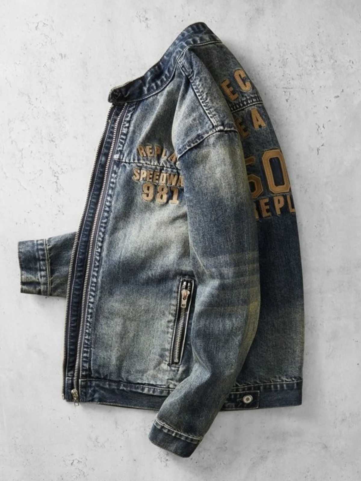 American Style Trendy Brand Mens Zipper Collar Denim Jacket Spring Autumn Slim Fit Embroidered Top Retro Casual Zipper Jacket C260325