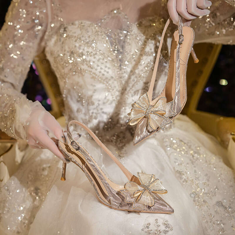 Style Crystal High Heels With Bowknot Wedding Rhinestone Pointed Toe Stiletto Summer Women's Sandals Gold Bridal Shoes