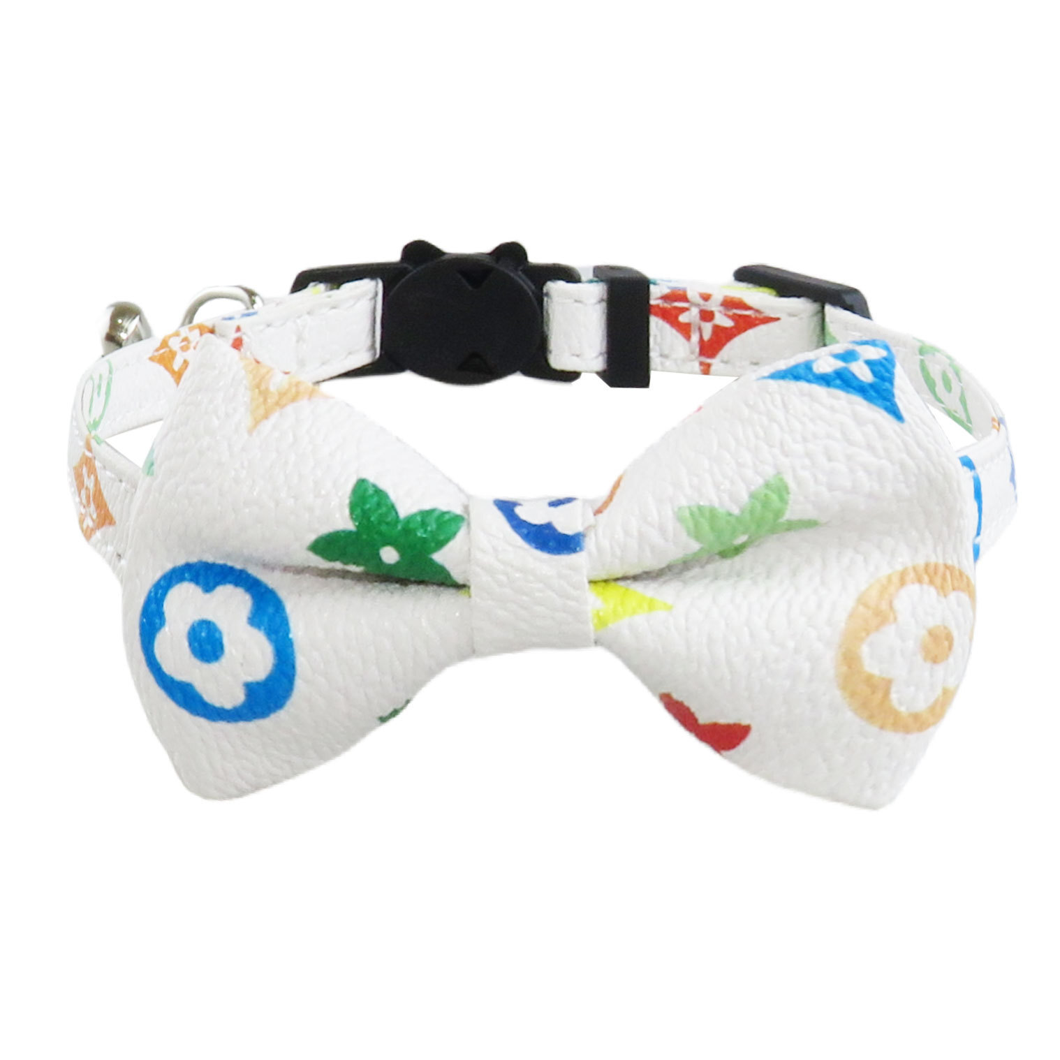Vintage Pu Pet Collar Printed Pattern Cute Bow Design With Small Bell Safe Comfortable For Cats And Small Dogs