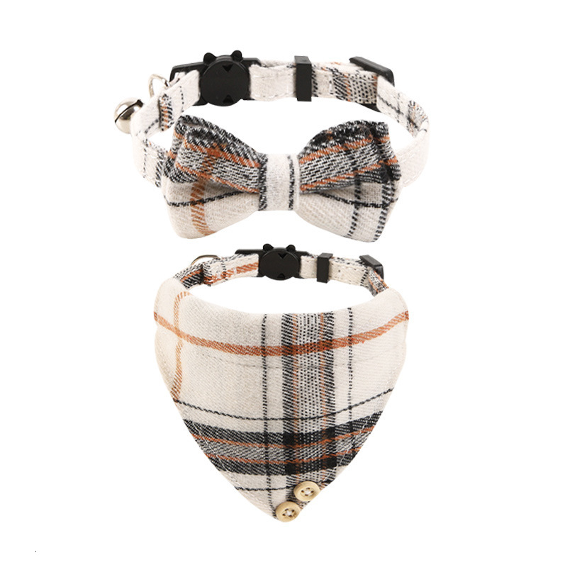 British Style Plaid Pet Collar Set With Bowknot And Bell Comfortable Adjustable For Cats And Small Dogs