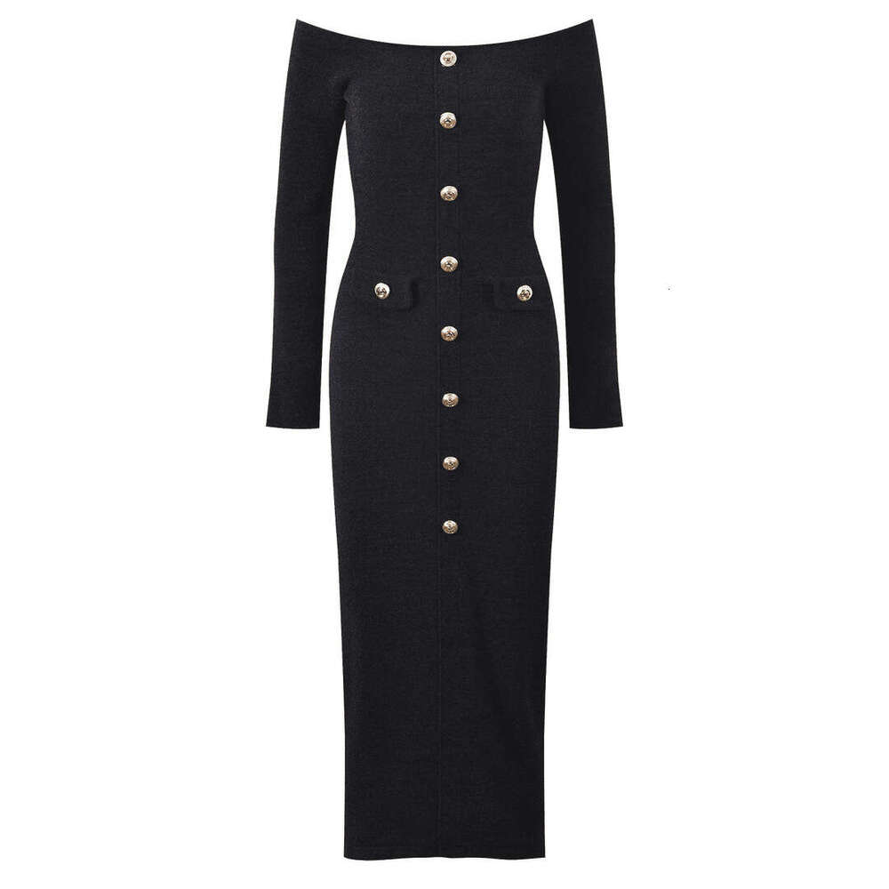 2026 Spring New Designer's Small Fragrance Inspired s4 Off Shoulder Black Single breasted Slimming Women's Long Dress