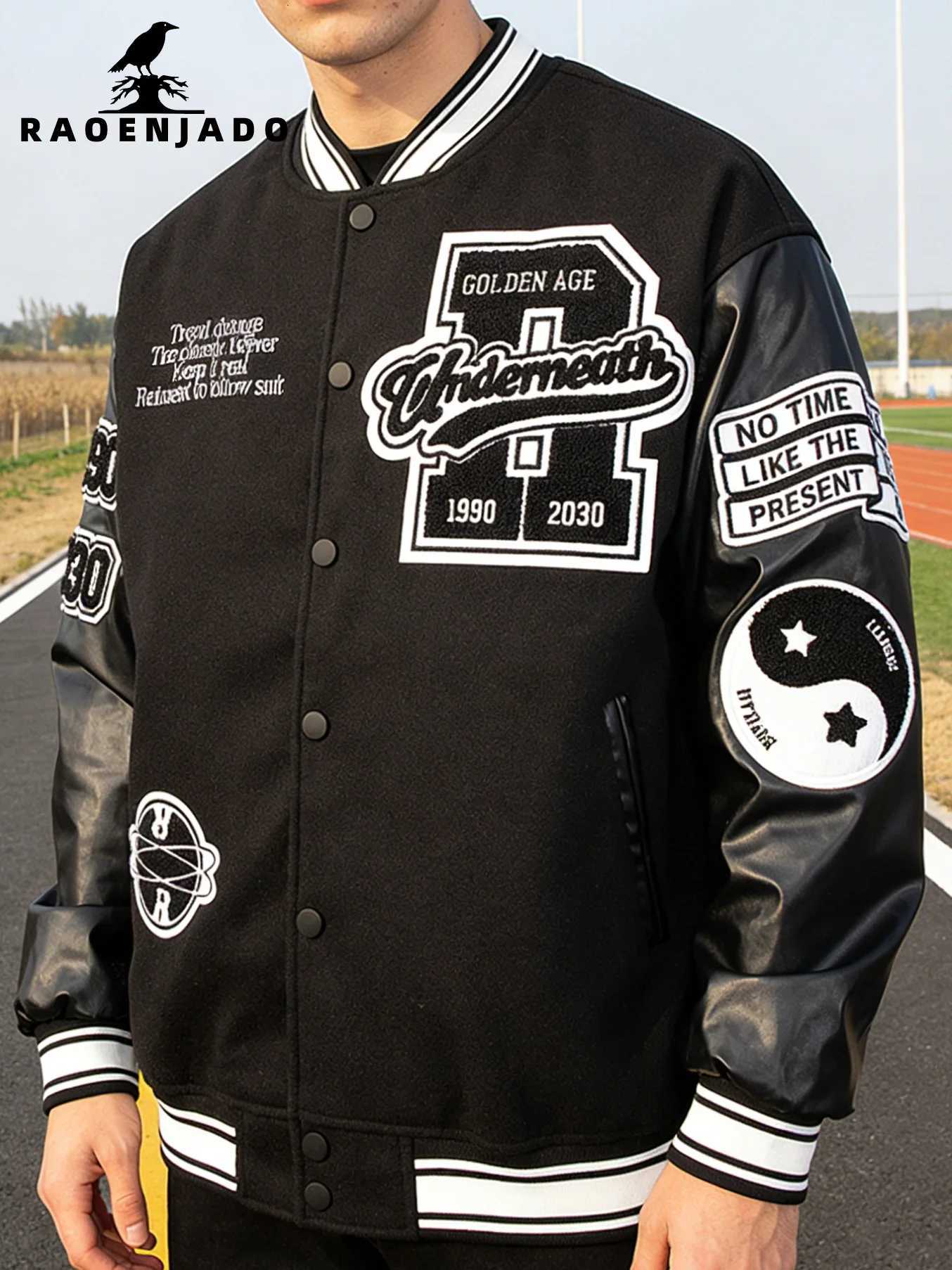 Mens Baseball Jacket Plus Size Bomber Coat Faux Leather Sleeves Spring/Autumn Varsity Windbreaker Tai Chi Embroidery Clothing C260325