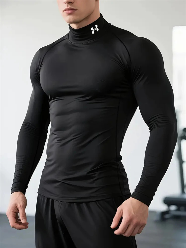 2026 Mens Geometric Printed Quick-Drying Tight Long Sleeve Gym Workout Training T-Shirt Stretch Turtle Neck T-Shirt Tops S-3XL 260324