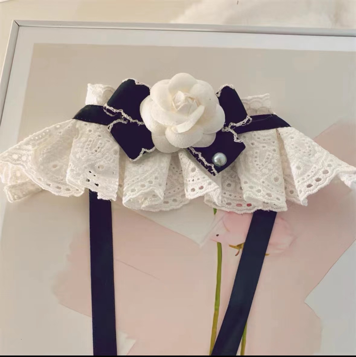 Pet Collar Bib Drool Towel Scarf Lace Bow Tie Collar Soft Decorative For Large Medium Small Dogs And Cats with White Camellia