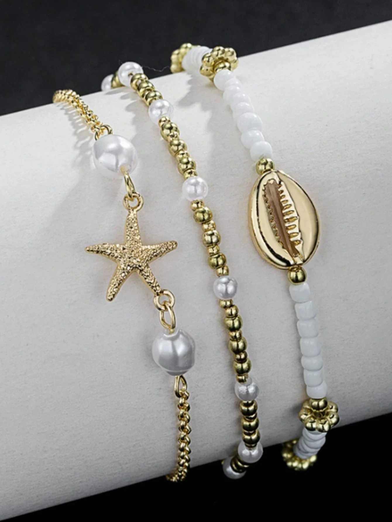 Beaded Anklet Set for Women 3-Piece Summer Beach Style Starfish and Shell Charms Vacation Daily Wear Alloy Plating No Mos H260325 - view 3