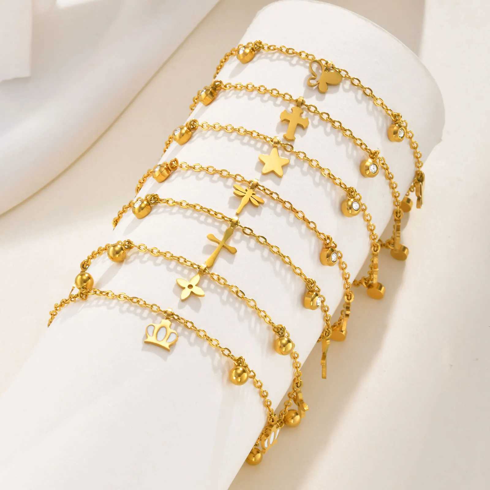 Waterproof Stainless Steel Foot Chain Anklet Women Crown/ Butterfly /cross/ Star Dangle Anklets Adjustable Link H260325 - view 4