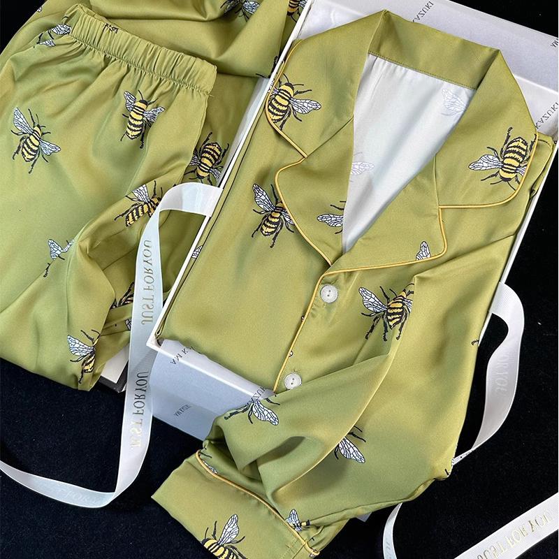 Pajamas Set High End Printed Women Elegant Lapel Long Sleeve Ice Silk Outdoor Wearable Green Homewear