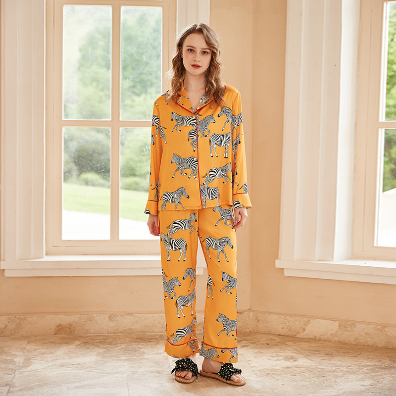 Homewear Set Women's Pajamas Yellow Zebra Printed Long Sleeve Long Pants Casual Wearable Soft Comfortable Breathable