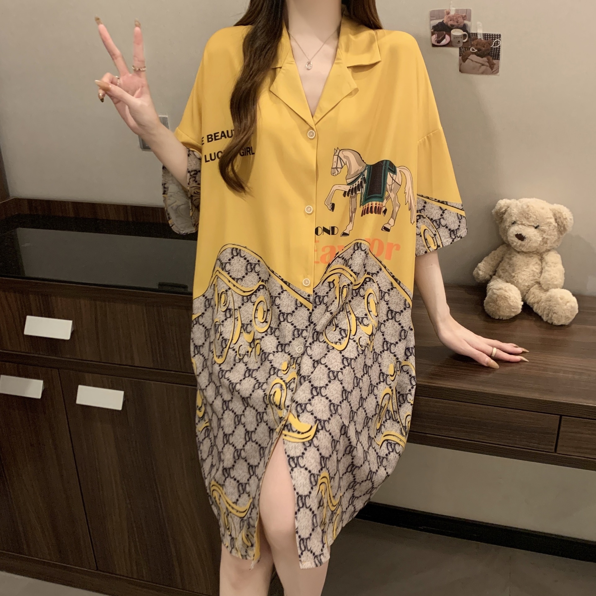 Home wear Women's Pajamas Spring Summer Ice Silk High End Cardigan Style Loungewear Set Soft Breathable Lightweight Comfortable Orange