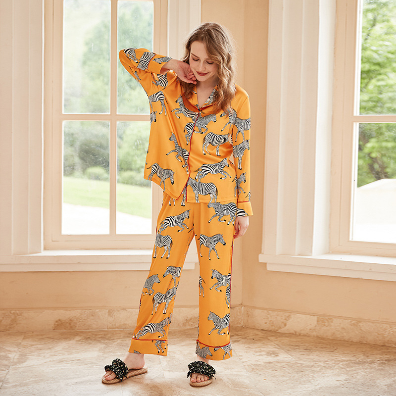 Homewear Set Women's Pajamas Yellow Zebra Printed Long Sleeve Long Pants Casual Wearable Soft Comfortable Breathable