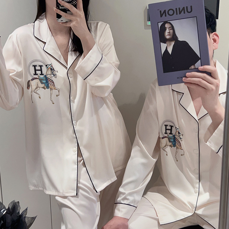 Pajamas Set Breathable Ice Silk Couple Style Luxurious Long Sleeve Long Pant Home Wear Two Piece Set Outdoor Wearable For Men And Women