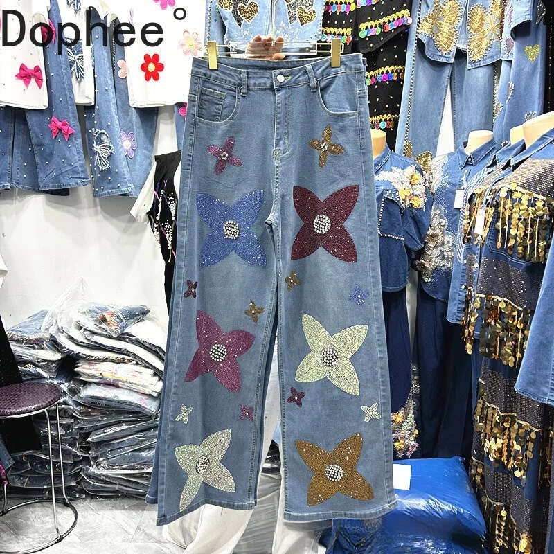Europe Fashion Diamonds Hot Drilling Blue Jeans Women New Autumn All-match High Waist Wide Leg Pants Streetwear Denim Trousers jeans women womens jean