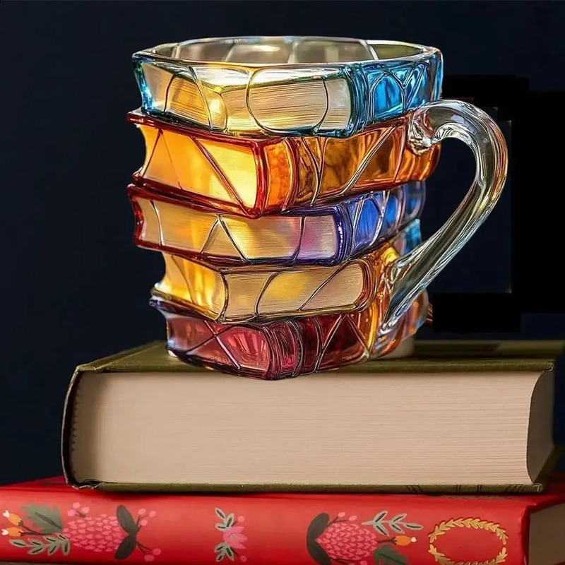 3D Painted Book Mug Glass for Cold Brew Library Club Gift Unique Readers Writers