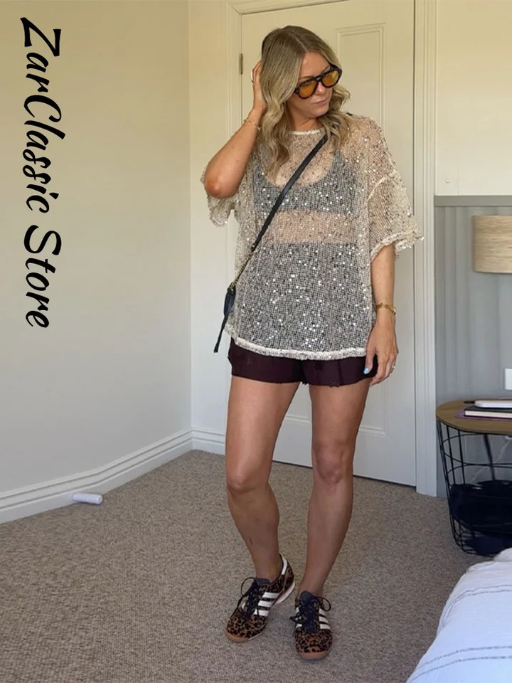 Sequin See Through Womens T-Shirt Hollow Out Oversize Round Neck Short Sleeve Loose Summer Top Lady Casual Daily Clothing 260324 - view 3
