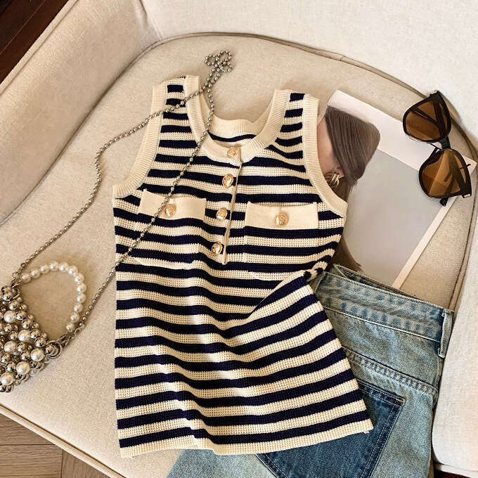 2026 designer high-end classic striped color blocked knitted women's vest summer youth button s4 up sleeveless top