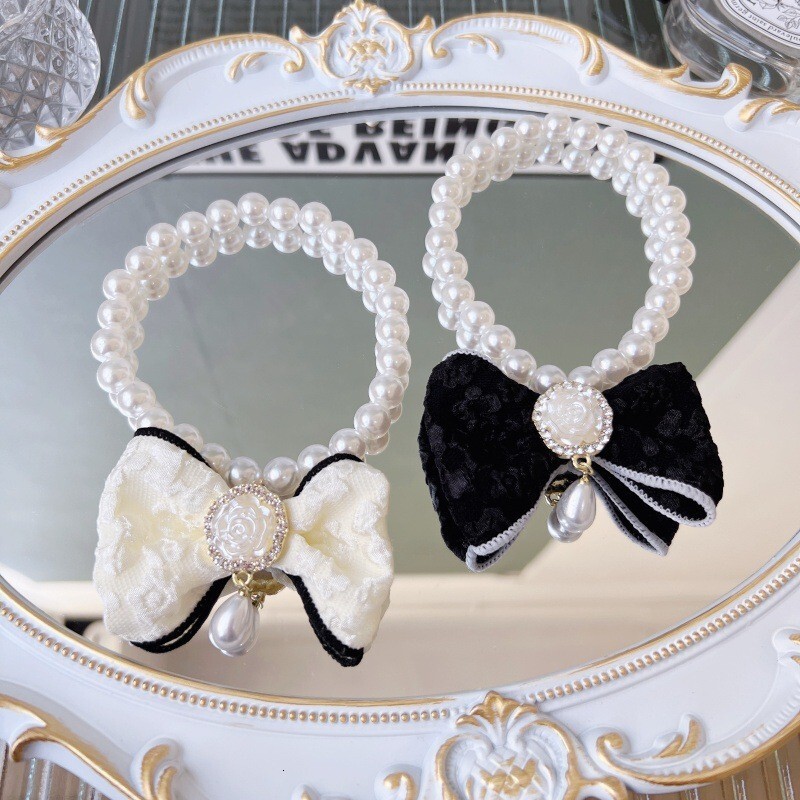 Pet Collar Designer Mesh Bow Pearl Inlaid Diamond Handmade Gold Thread Edge Cute For Cats Small Dogs