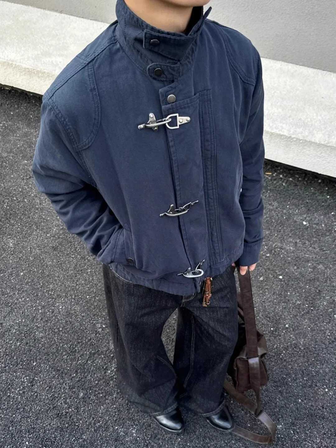 Deconstructed Stand Collar Workwear Jaet oulder Pad ex Early Autumn Top Zipper Closure Aircrt Button Casual Sle C260325