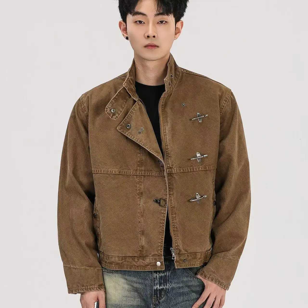 Mens Brown Retro American Style Lapel Collar Short Jacket Minimalist Workwear Structural Splicing Premium Early Autumn Coat C260325