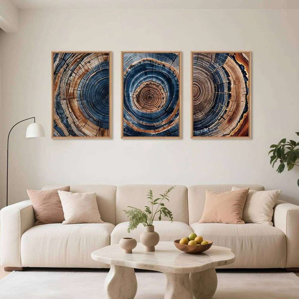 3pcs Colorful Tree Canvas Abstract Blue-brown Wood Grain Wall Decor Natural Ring Texture Art Home Decoration Print 26Y0325