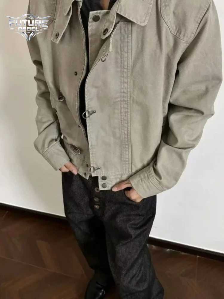 Unisex Turn Down Collar Jacket American Retro Short Workwear Coat Autumn Streetwear Casual Loose Fit Outerwear Man Harajuku New C260325