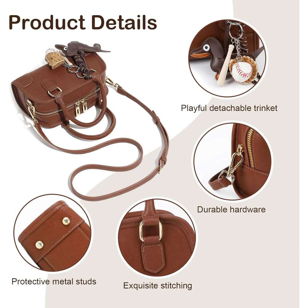 Leather Crossbody Purses for Women, Small Top Handle Cute Shoulder Bag with Pendant and Adjustable Strap
