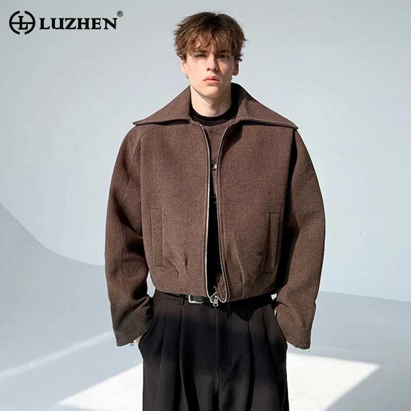 LUZHEN 2025 New Big Neck Fake Two Piece Design Solid Color Woolen Coat Mens Stylish Elegant Korean Casual Male Clothes JY5219 C260325