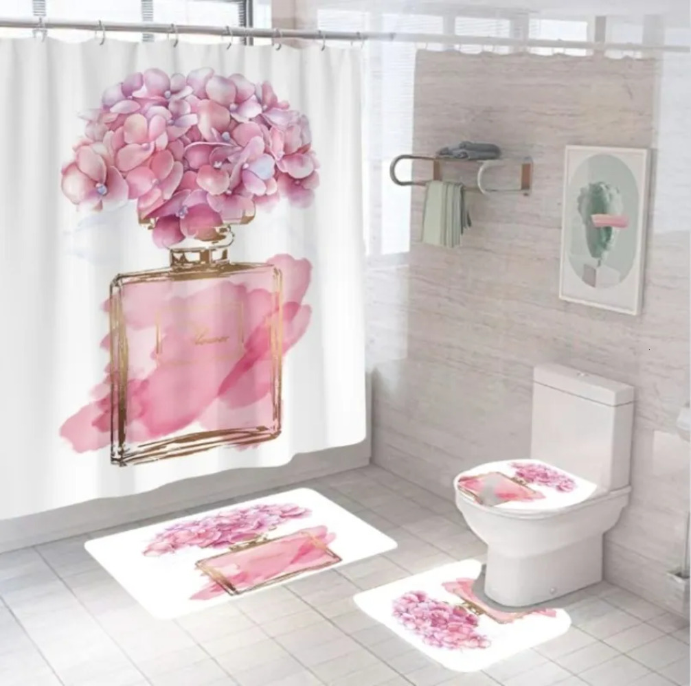 006 Designer High-Grade h Luxury 4 Pcs Set Bathroom Shower Curtain Set Waterproof Printing Ground Mat Cover Toilet Seat Covers Home Decor