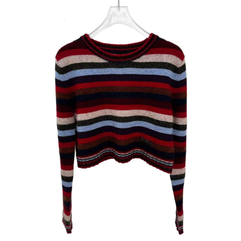 A5 2026 early autumn designer women's retro art rainbow striped knitted round neck pullover short top