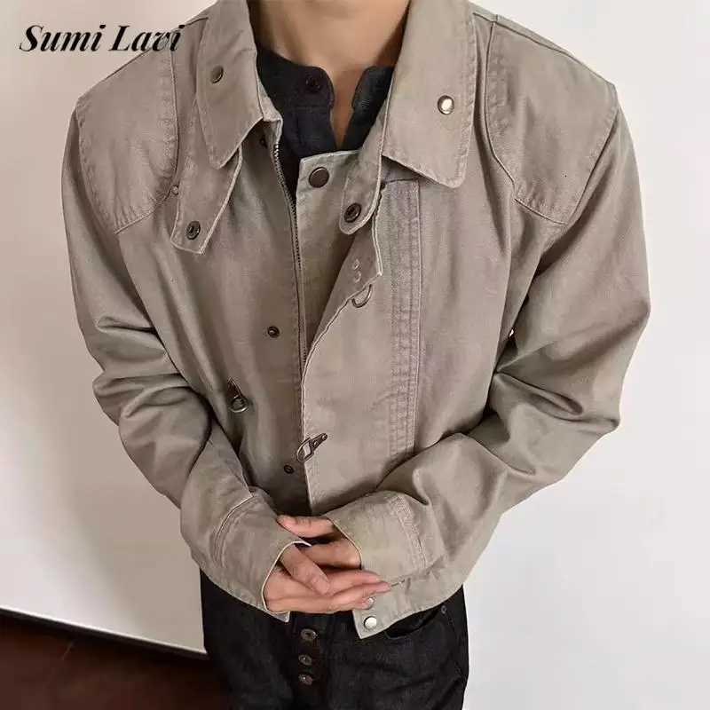 2026 Spring Fall Mens Fashionable Crop Coats Vintage Solid Color Buttoned Lapel Short Jacket Coat Men Casual Slim Fit Outerwear C260325